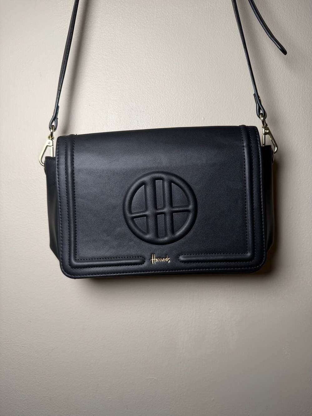Harrods Black Crossbody Bag Gold Hardware Logo Flap Closure